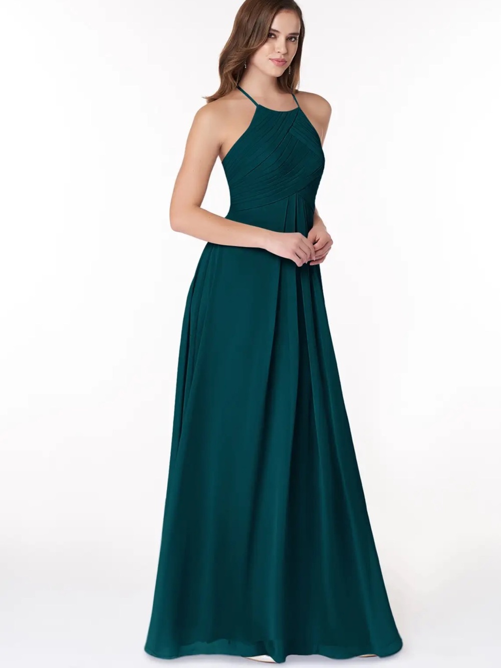 Azazie Ginger Pine Chiffon Halter A-Line Bridesmaid Dress Sz A4 – Excellent